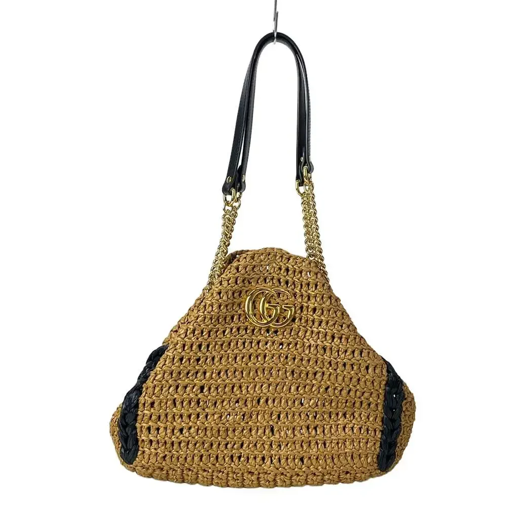 Gucci GG Marmont Tote Bag 574432 Light Brown Black Raffia Leather
